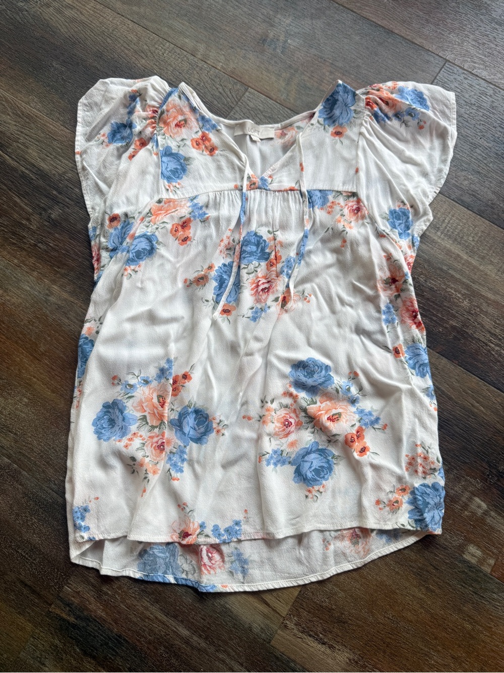 Loft Floral V-Neck Blouse Top with Blue & Coral Flowers Small